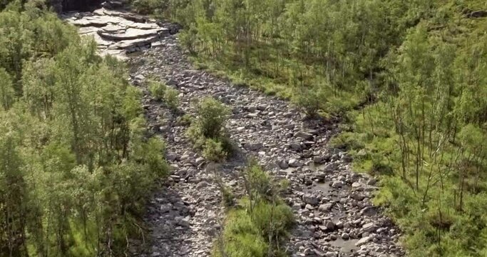 Aerial view of Galggojohka river on the E8 Nordlysveien road in summer when it&acute;s dried up, Storfjord, Troms og Finnmark, Norway. 