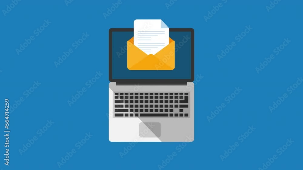 Poster envelope with documents motion animation concept.opened laptop in top view flat design.blue backgrou
