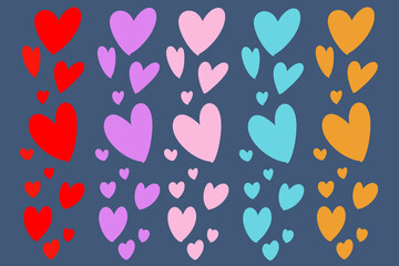 Obraz premium A hand-drawn wallpaper with five rows of hearts in red,purple,pink,blue and orange.Big and small.On a dark blue background.In cartoon style, flat.For Valentine day, for valentines card.Love,romances.