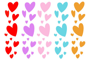 A hand-drawn wallpaper  of five rows of colourful hearts of different sizes. Red, purple, pink, blue and orange. On a white background, isolated. For Valentine day, on valentines card. Love, lovers.