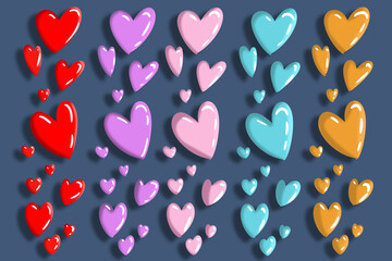 A hand-drawn wallpaper with five rows of hearts in red,purple,pink,blue and orange.Big and small.On a dark blue background.In cartoon style, flat.For Valentine day, for valentines card.Love,romances.