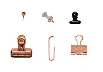 Set of isolated pins and clips, modern stationery elements, golden and black color