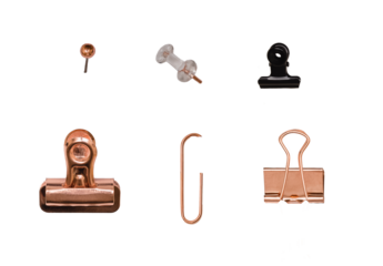 Set of isolated pins and clips, modern stationery elements, golden and black color