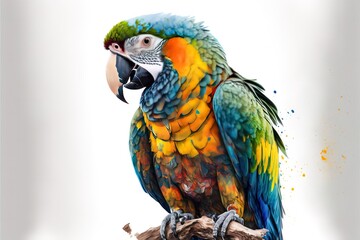 Drawing of an Ara parrot in watercolor on a white backdrop