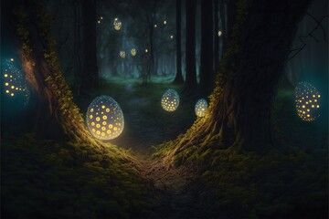Eggs in the magical forest. Easter drawing. Fireflies and lights between the trees