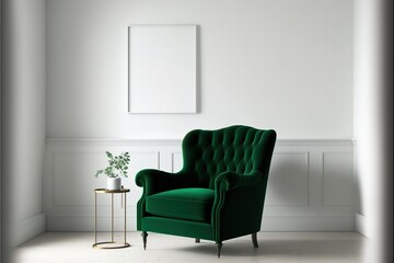Living room wall mockup with green velvet armchair on blank white interior background