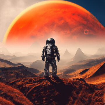 Astronauta su pianeta desolato rosso simile a Marte visto di spalle, colori accesi
