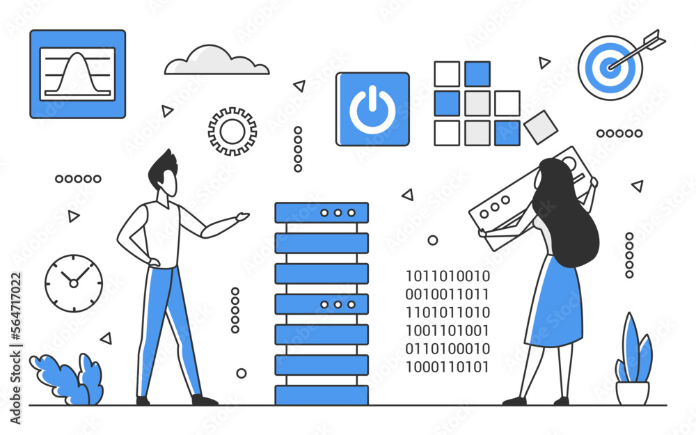Poster server database administration. server room, hosting data storage, business data vector monocolor il