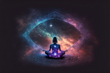 Woman sitting in yoga lotus pose and her connection to meditative space. Postproducted generative AI digital illustration.