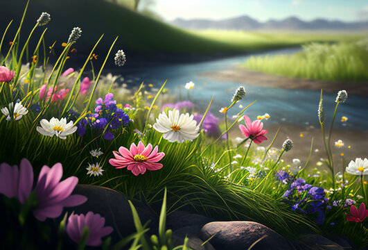 A beautiful spring/summer day with flowers and a river