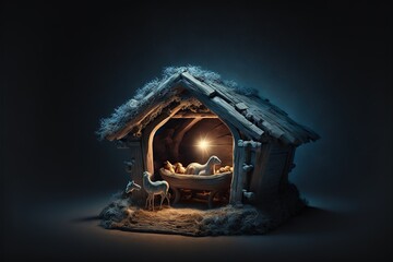 Nativity scene, Christian Christmas concept, Birth of Jesus Christ. Wooden manger with holy family in barn in dark blue night