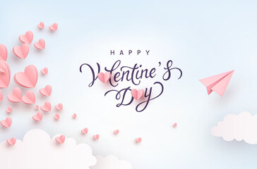 Valentines hearts with plane postcard. Paper flying airplane on blue sky background. Vector symbols of love for Happy Valentine's Day greeting card design