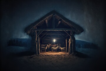 Fototapeta na wymiar Nativity scene, Christian Christmas concept, Birth of Jesus Christ. Wooden manger with holy family in barn in dark blue night