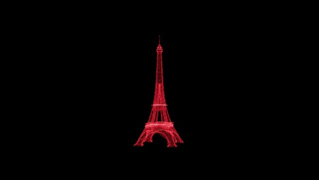 3D Eiffel Tower rotates on black background. Object consisting of red flickering particles 60 FPS. Science concept. Abstract bg for title, presentation. Screensaver. 3D animation