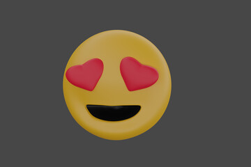 3d render Emoticon smiling face. Love symbol. Isolated on gray backdrop
