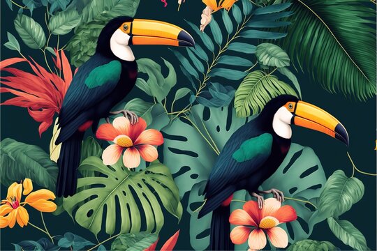 seamless textile trendy 2d illustration pattern with toucans on a branch in tropical nature in exotic with tropical leaves abstract painting