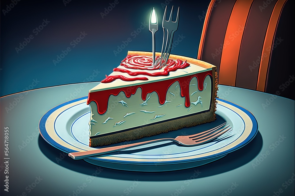 Aufkleber a piece of cake with a fork on a plate with a knife and fork in it and a fork in the middle of the c