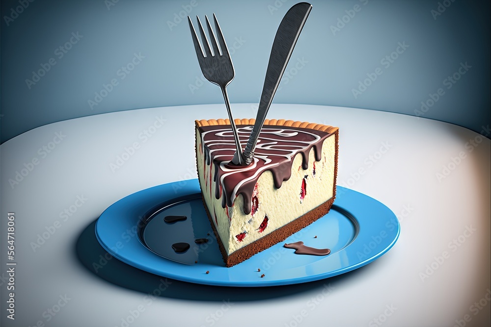 Poster a piece of cake with chocolate icing and a fork on a plate with a blue plate with a fork and a knife
