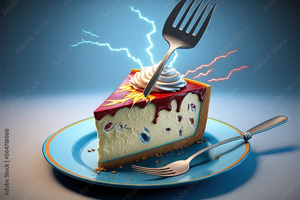 Poster a piece of cake with a fork stuck in it with a lightning bolt coming out of it and a fork stuck in t