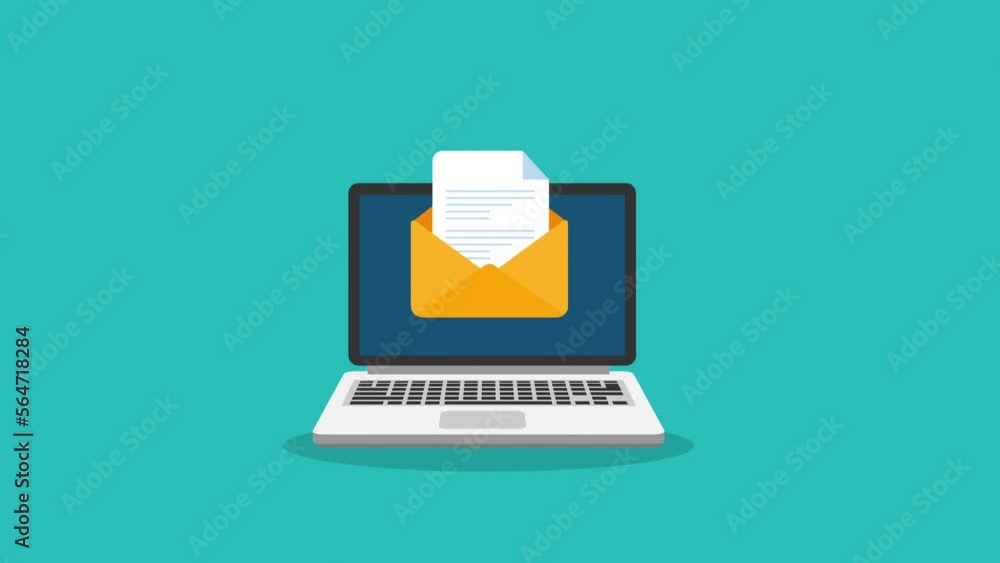 Aufkleber envelope with documents motion animation concept.laptop computer pc flat design.notebook monitor con