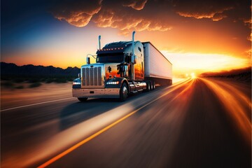 Fototapeta na wymiar Cargo transportation across the country, tractor on the road in the rays of sunset. Generative AI.