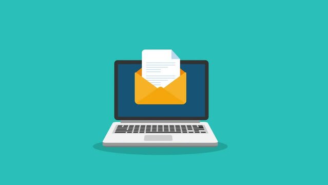 Envelope with documents motion animation concept.Laptop computer pc flat design.notebook monitor conceptual animation video clip