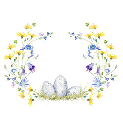 Watercolor Meadow Flower Wreath with Eggs. Hand drawn spring flower arrangement. Easter illustration - 564718674