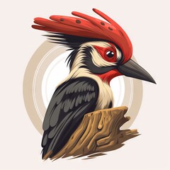 Obraz premium a bird with a red head and a black body and a white face with a red beak and a brown body with a white and black tail and red head and a white background with a. generative ai