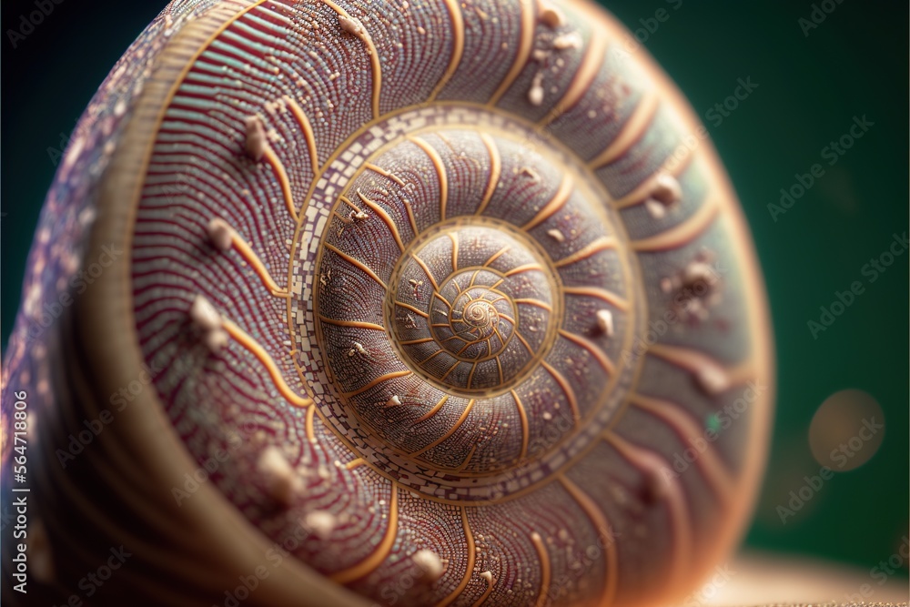 Poster a close up of a snail shell with a green background and a blurry background behind it, with a small 