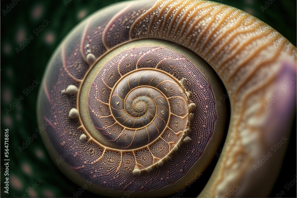 Poster a close up of a snail's shell with a green background and a purple background with a gold spiral des