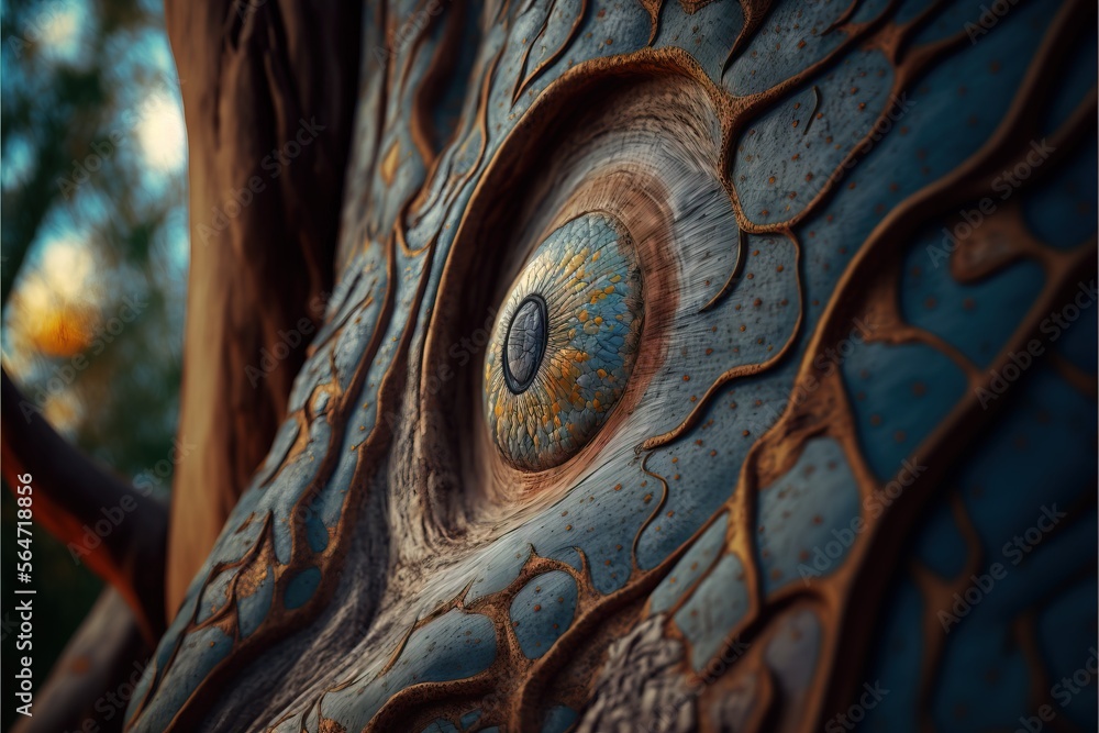 Poster a close up of a tree trunk with a painted eye on it's trunk and a tree trunk with a tree trunk in th