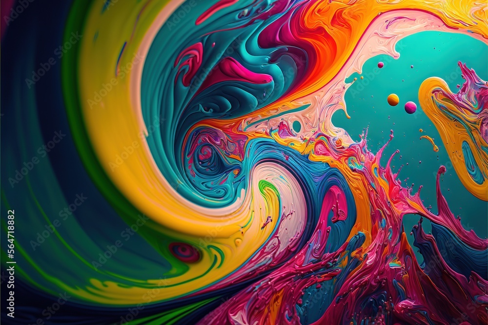 Poster a colorful abstract painting with a blue background and yellow and red swirls on it's surface, with 
