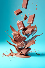 Tablette de chocolat cassée en mouvement. Explosion et éclats de chocolat. Generative AI.