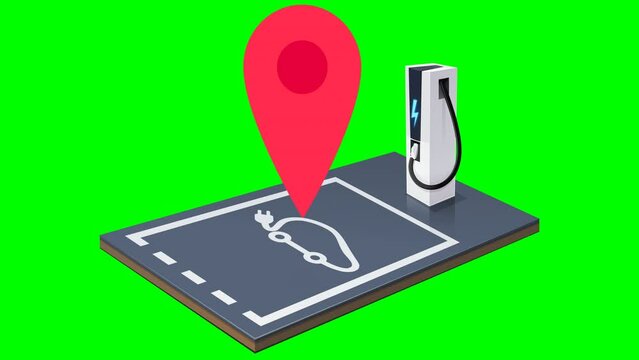 Animation loop of a map marker locating an electric car charger while hopping across the parking spot on green background
