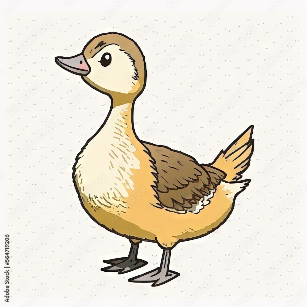 Poster a duck standing on one leg and looking at the camera with a smile on its face and a brown beak and l