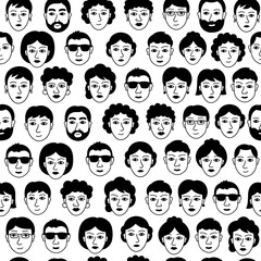 People faces pattern. Black and white doodle. Vector hand drawn illustration.