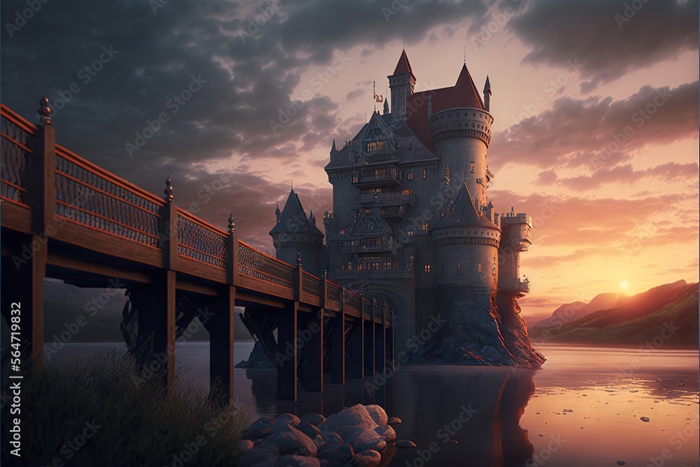 Aufkleber a castle with a bridge and a body of water in front of it at sunset or dawn with clouds in the sky a