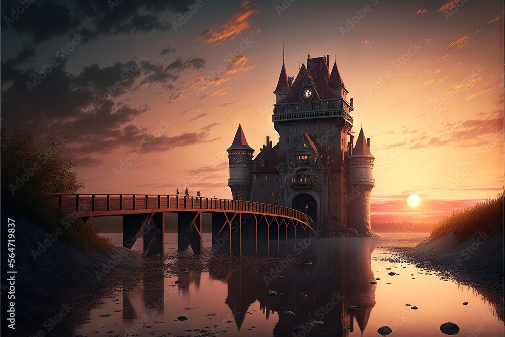 Aufkleber a castle with a bridge and a sunset in the background with clouds and water reflecting the sky and t