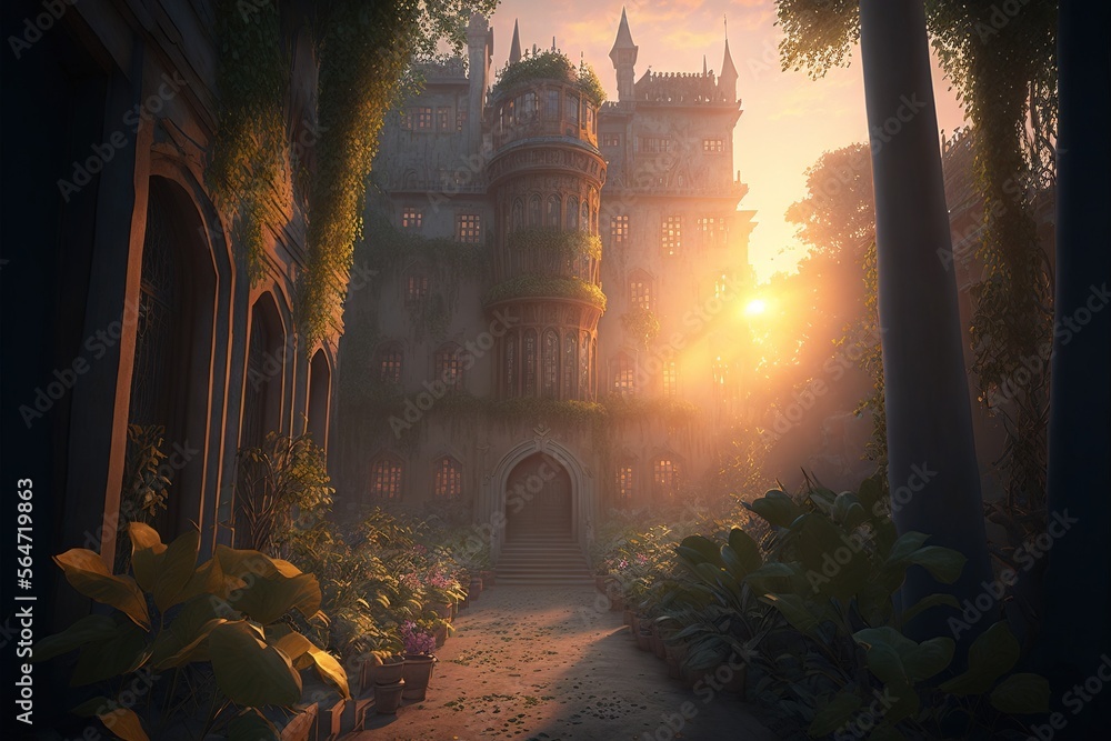Poster a painting of a castle with a pathway leading to it and a light coming from the window above it that