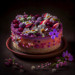 Obraz na płótnie Canvas beautiful cake full decorated with blooming colorful flowers and berries, cherries, strawberries, purple, blue, magenta, yellow, pink, Generative AI