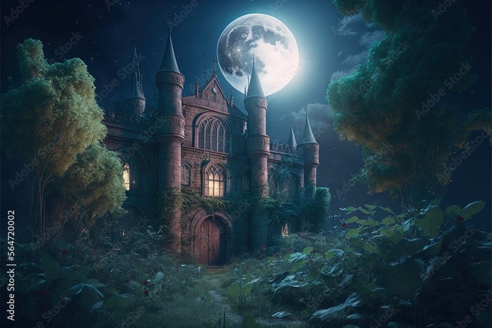 Poster a castle with a full moon in the background and trees around it, with a full moon in the sky above i