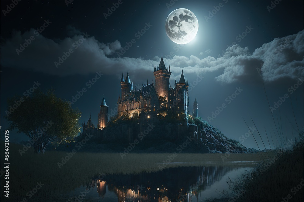 Poster a castle with a full moon in the background and a lake in front of it with grass and trees in the fo
