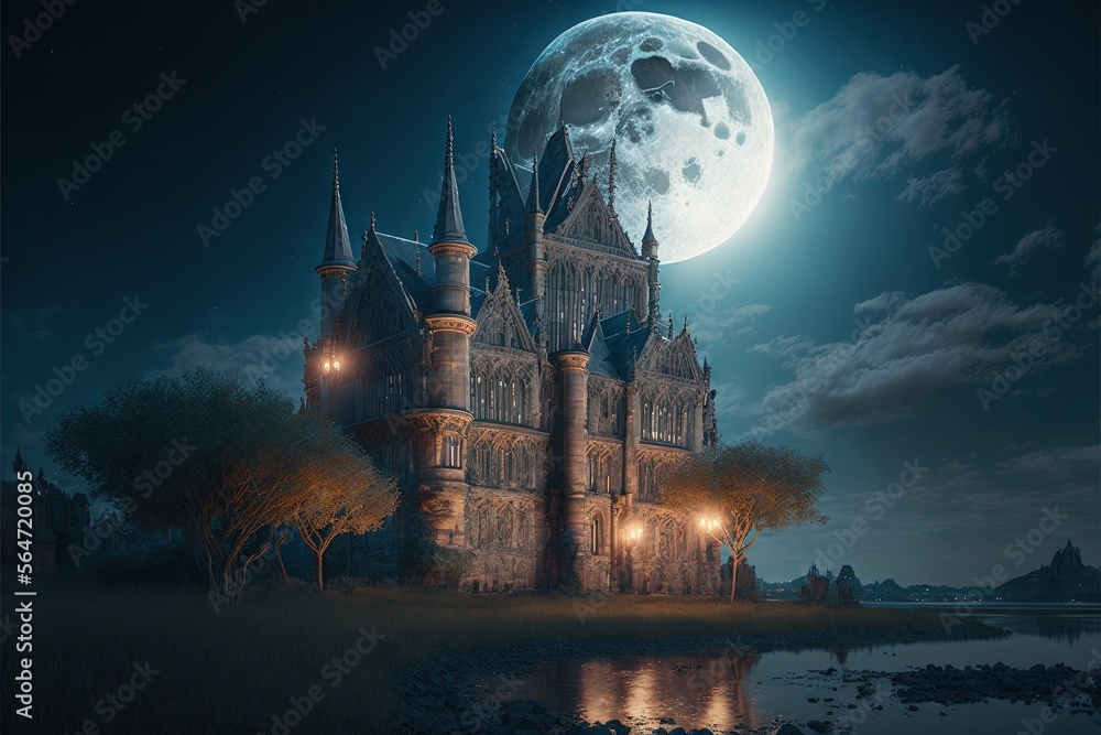 Poster a castle with a full moon in the background and a lake in front of it with trees and bushes in front