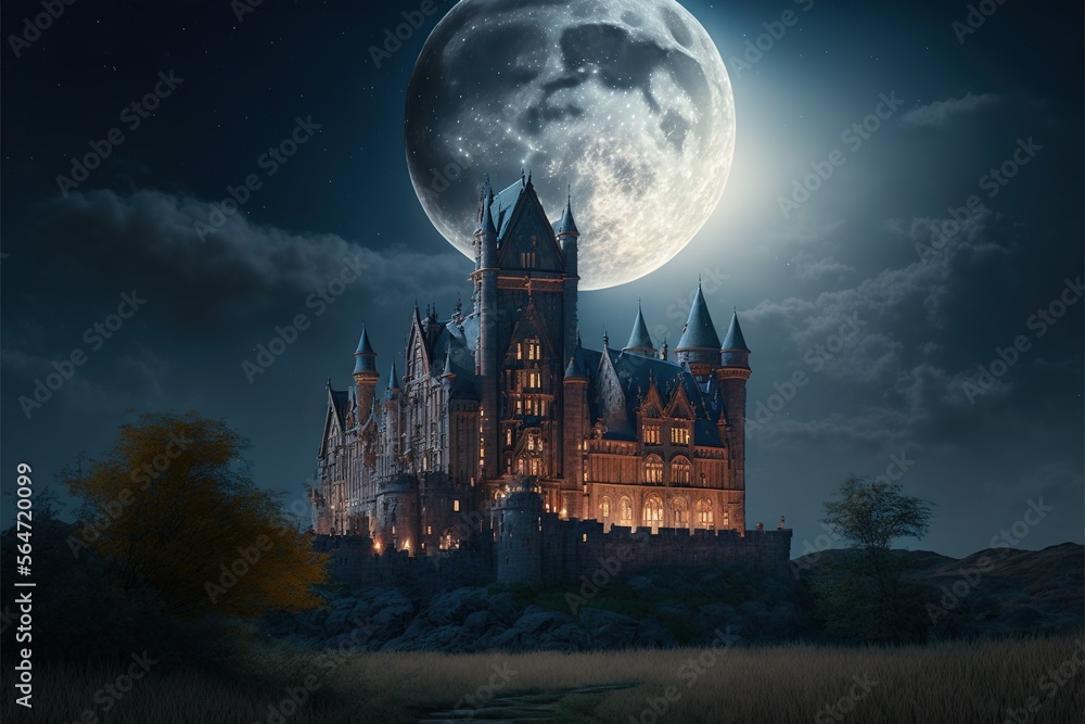 Aufkleber a castle with a full moon in the background and a path leading to it to the top of the castle is sho