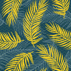 Fototapeta na wymiar Seamless jungle palm leaves vector pattern. Botanical elements over waves
