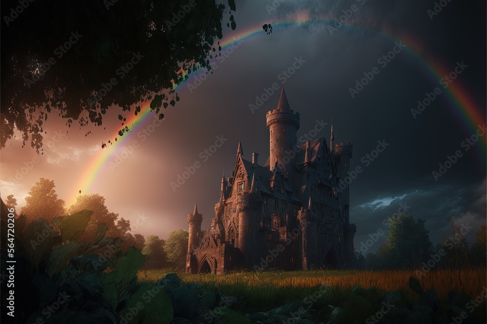 Aufkleber a castle with a rainbow in the background and a dark sky with clouds above it and a rainbow in the f