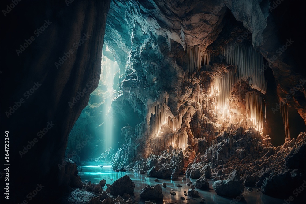 Poster the inside of a cave illuminated by a light at the end. the walls of the cave are made of rocks and 