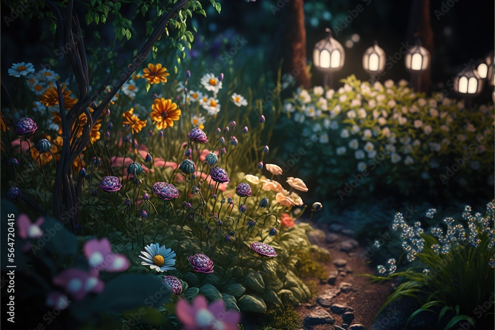 Poster a garden with flowers and lights in the background at night time, with a path leading to a forest wi