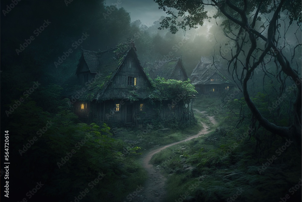 Poster a dark forest with a house in the middle of it and a path leading to it with lights on the windows a