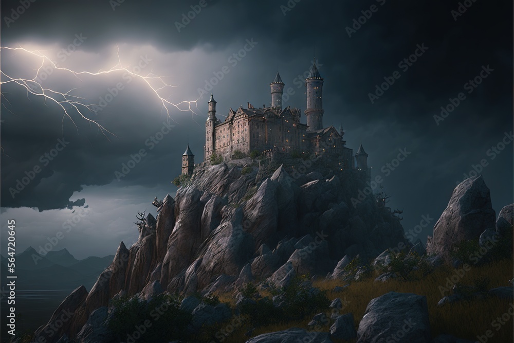 Poster a castle on a rock with lightning in the background and a dark sky with clouds and lightning behind 